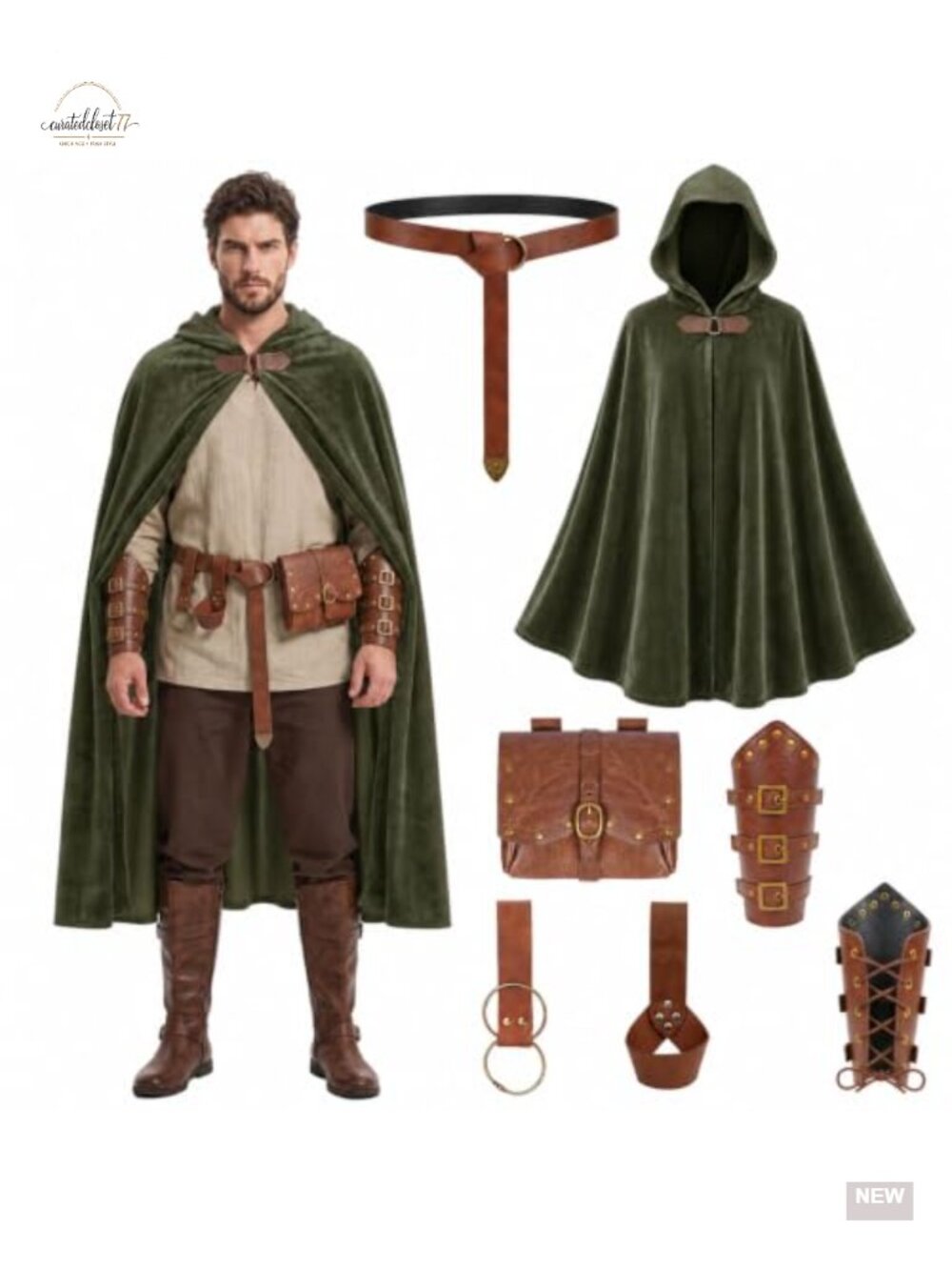 Men's Renaissance Viking Costume Set Hooded Cloak Belt Bracers